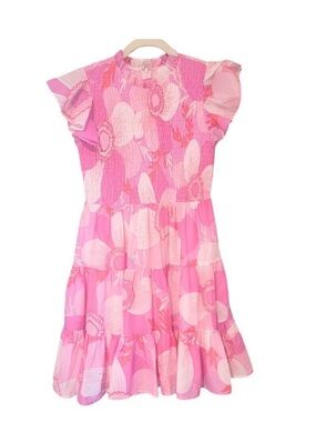 Pink Coral Floral Ruched Tiered Mini Dress with Flutter Sleeves Small